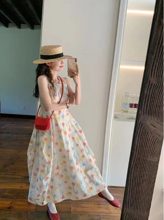 Gradient Floral Print Sleeveless Vest Dress Women's Summer Casual Cotton Long Dress Commute Style A-Line Silhouette