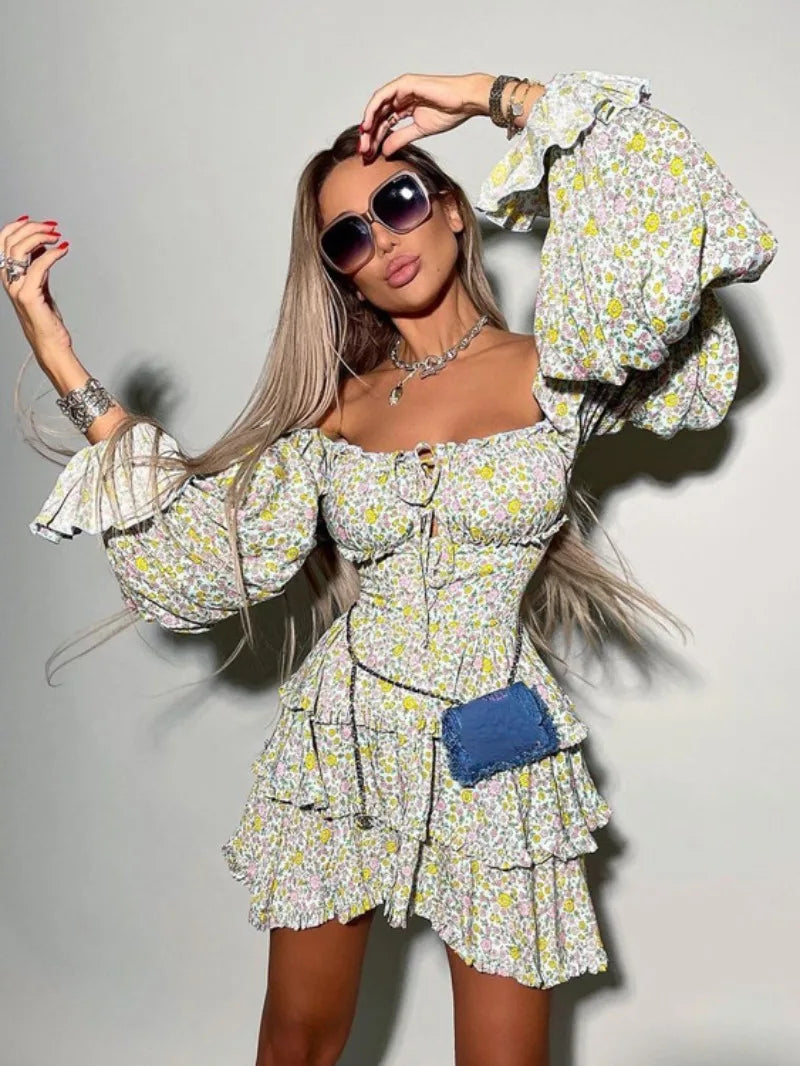 Slash Neck Long Sleeve Floral Print Ball Gown High Street Women Off Shoulder High Waist Ruffles A-line Short Party Dresses