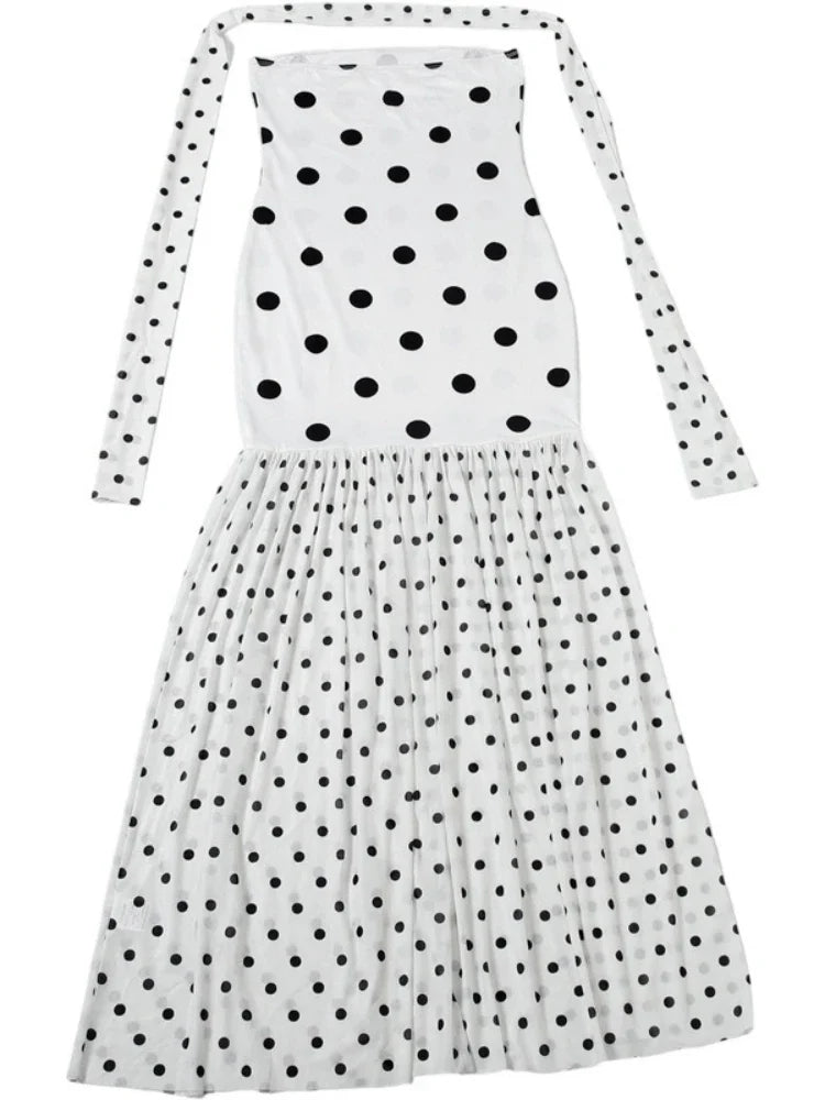 Sexy White Dot Print Strapless Maxi Dress with Matching Scarf for Women Summer Sleeveless Mesh Patchwork Vacation Dress