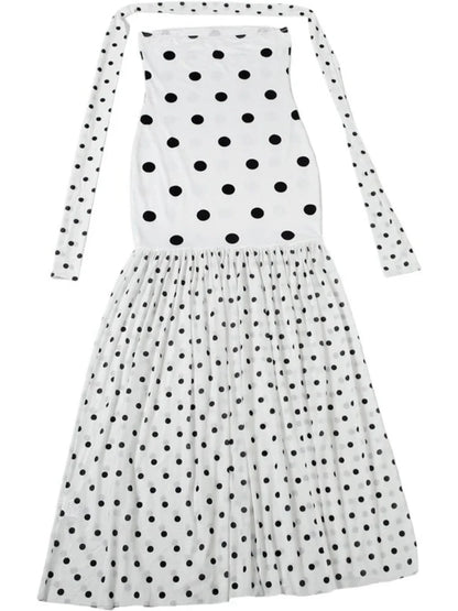 Sexy White Dot Print Strapless Maxi Dress with Matching Scarf for Women Summer Sleeveless Mesh Patchwork Vacation Dress