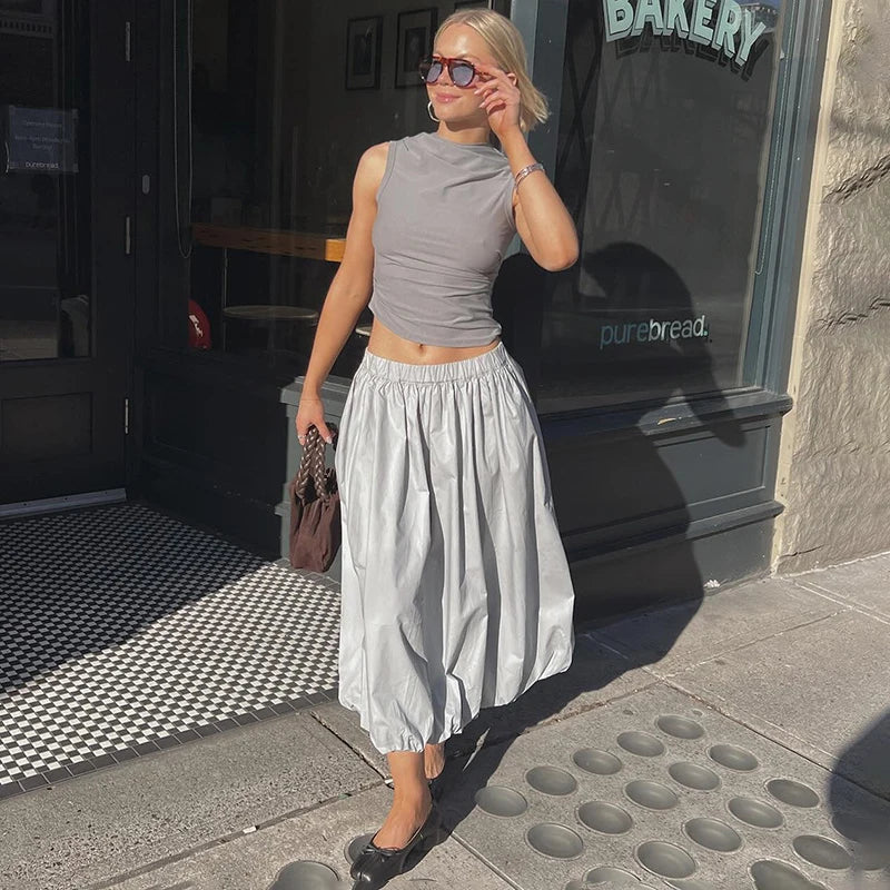 Solid Color Fold Skirts For Women Elastic High Waisted With Pocket Loose Fashion Patchwork Summer New Long Skirt Female