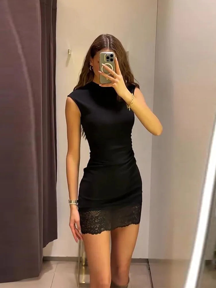Sleeveless Stretch Lace Patchwork Short Dress Women Sexy O-neck Waist Cinching Hip Package Bodycon Evening Dresses Chic New Robe
