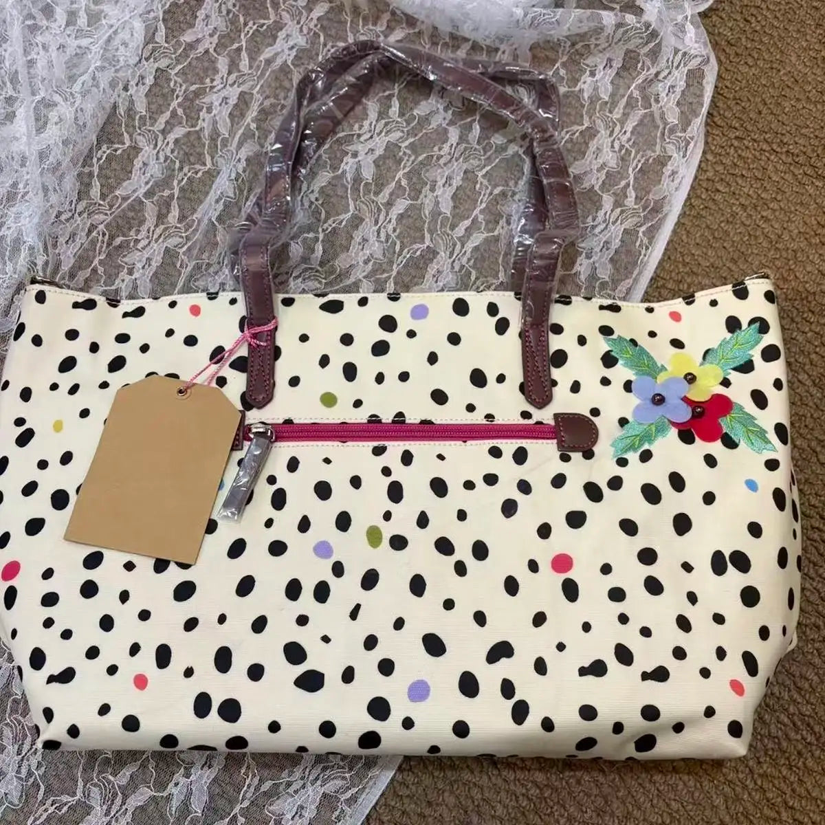 Japanese Retro Polka Dot Floral Tote Bag Women Print Large Capacity Shoulder Bag Ladies Harajuku Everyday Versatile Handbag Chic