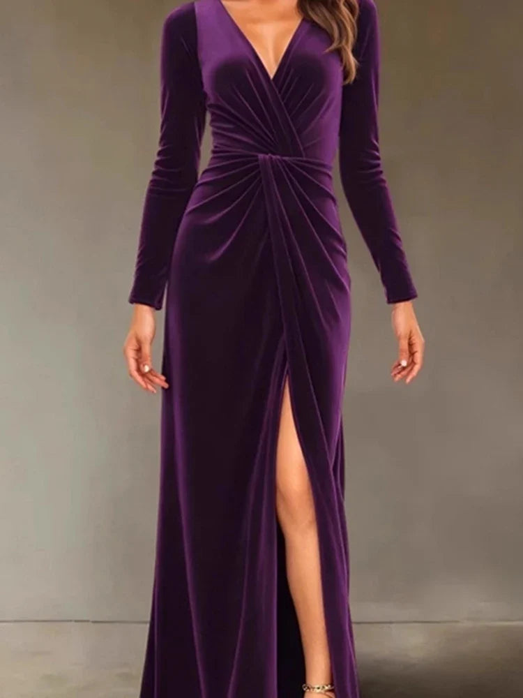 Velvet Dress for Women Autumn Winter New V-neck Slim Twist High Waist Evening Dress Sexy Solid Color Pleated A-line Dresses