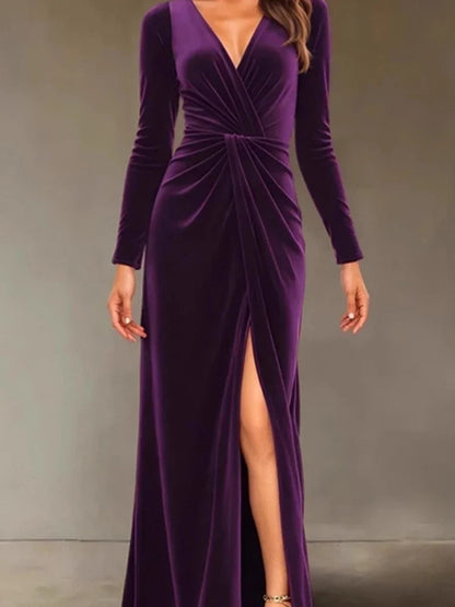 Velvet Dress for Women Autumn Winter New V-neck Slim Twist High Waist Evening Dress Sexy Solid Color Pleated A-line Dresses