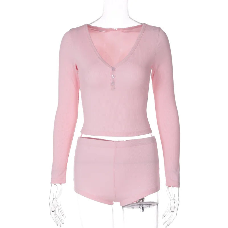 Three Buttons Crop Top Shorts Leisure Suit Women V-neck Long Sleeve T-shirt Short Pants Solid Slim Outfit Streetwear