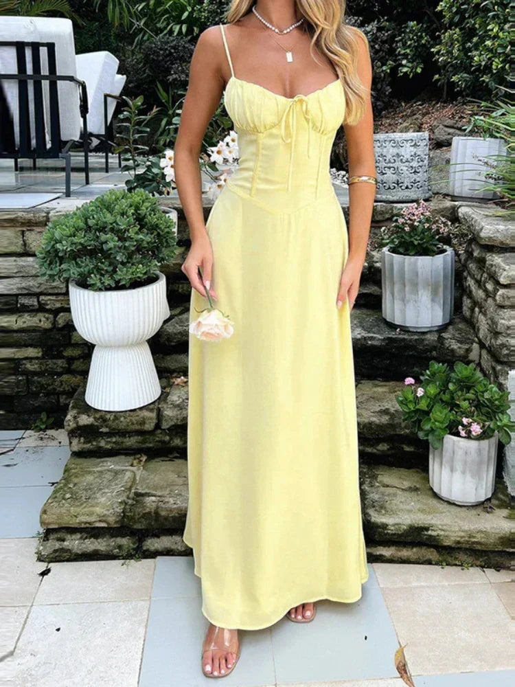 Sweetheart Neck Spaghetti Strap Ruched Tie Front Column Maxi Dress