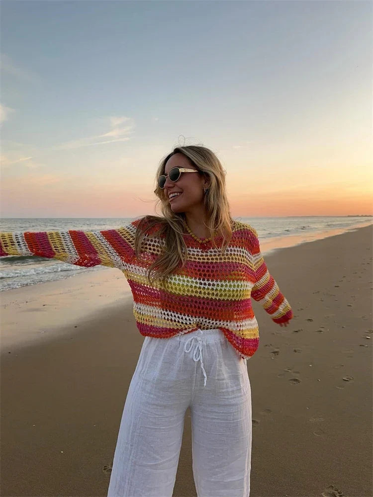 New Summer Women's Casual Versatile Knitted Colored Stripe Long sleeved Round Neck Loose Knitted Top