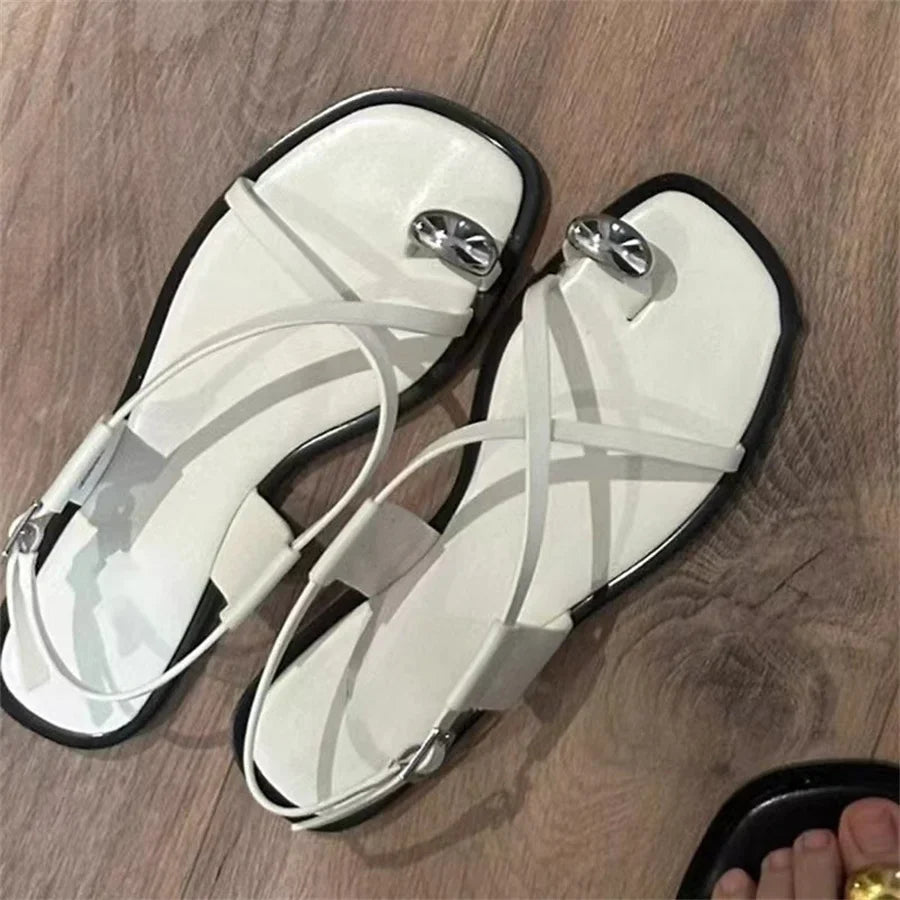 White Women Sandals Designer Cross Straps Flat Shoes Woman Summer Beach Sandalias Mujer Holiday Flip Flops Metal Decor Flats