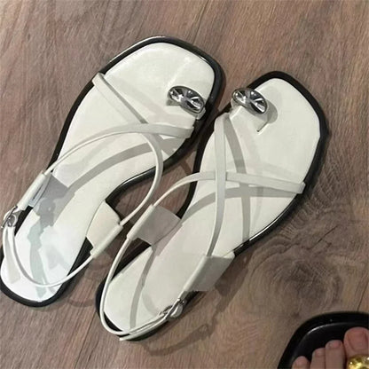 White Women Sandals Designer Cross Straps Flat Shoes Woman Summer Beach Sandalias Mujer Holiday Flip Flops Metal Decor Flats
