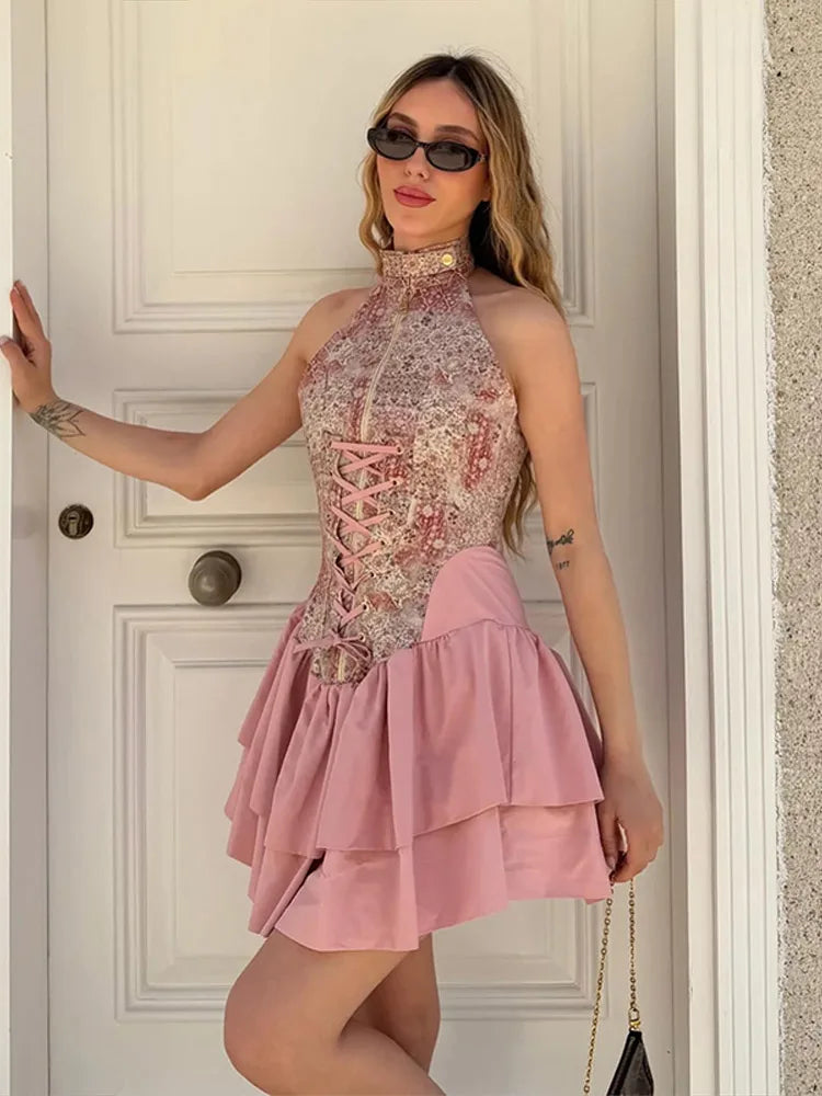 Elegant Bandage Patchwork Short Women's Summer Dress Waist Cinched Halter Sleeveless Backless Dresses Lady Party Vestidoes