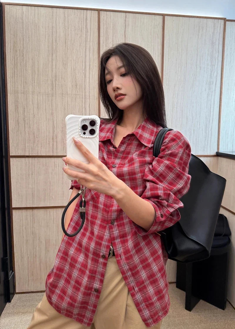 Women's Oversized Check Pocket Detail Shirt