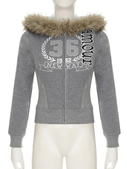 Preppy Style Fur Trim Hooded Sweatshirt Coats Winter Casual Warm Thick Zipper Long Sleeve Hoodies Women Streetwear