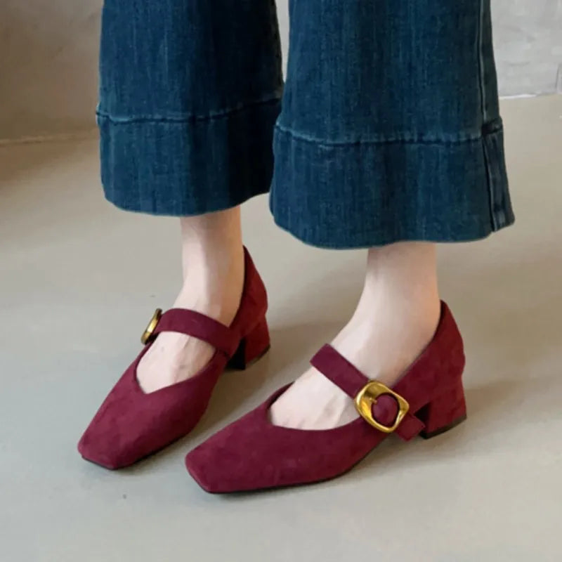 Women's Mary Janes Vintage Faux Suede Pumps Square Toe Dress Shoes Autumn Buckle Strap High Heels Ladies Shoes 1863