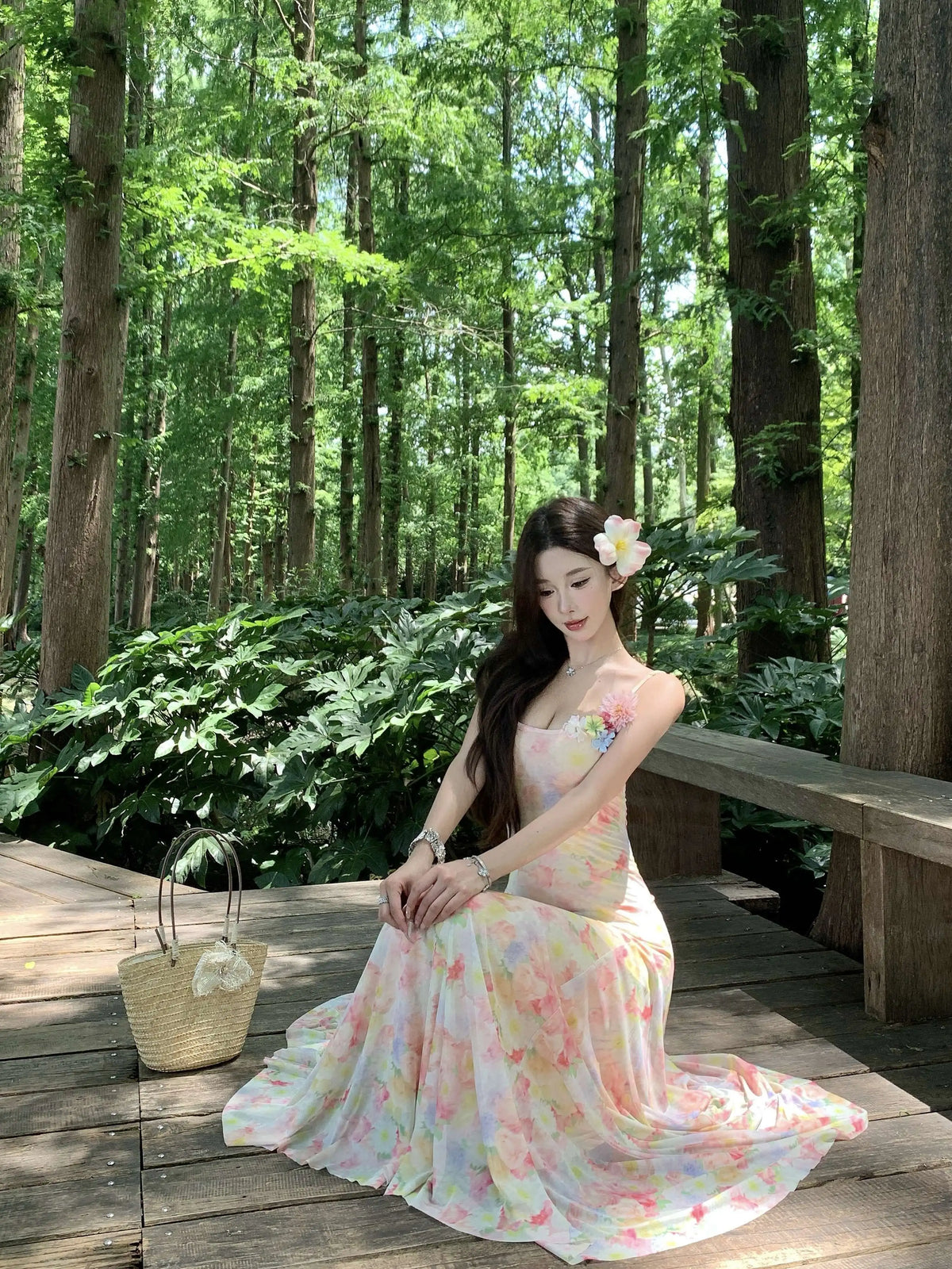 A stunning dress perfect for summer island photography, with a vacation style, sweet spaghetti straps, a fitted waist, suitable