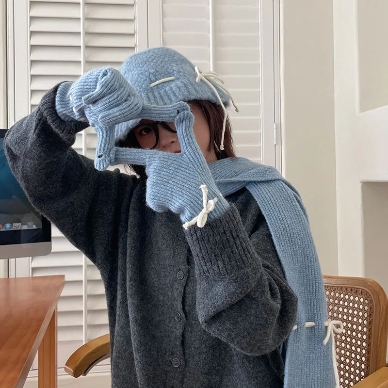 Knitted Scarf Gloves Caps Three Piece Set For Women&Men Winter Thicken Warm Bucket Hat Christmas Coldproof Hat Muffler Glove Set