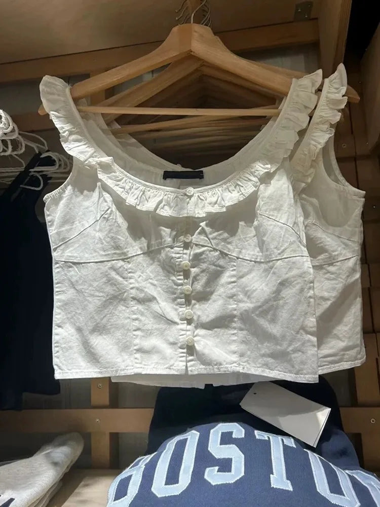 Sweet Women White Tank Top 2024 Fashion Summer Ladies Flanged Lace Button-down Sleeveless Female Camisole Top