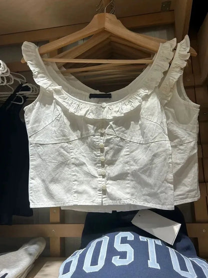 Sweet Women White Tank Top 2024 Fashion Summer Ladies Flanged Lace Button-down Sleeveless Female Camisole Top
