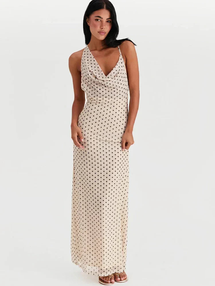 Cowl Neck Polka Dot Spaghetti Strap Maxi Dress