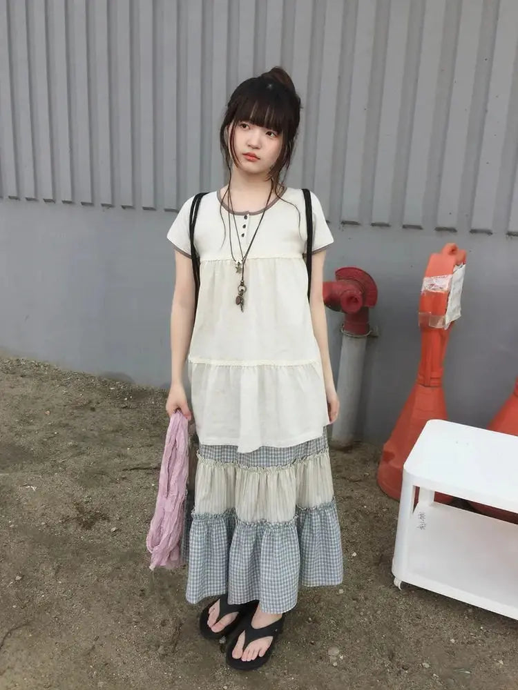 Japanese Summer Retro Lace Splicing Color Versatile Round Neck Short Sleeve Tee