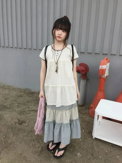 Japanese Summer Retro Lace Splicing Color Versatile Round Neck Short Sleeve Tee