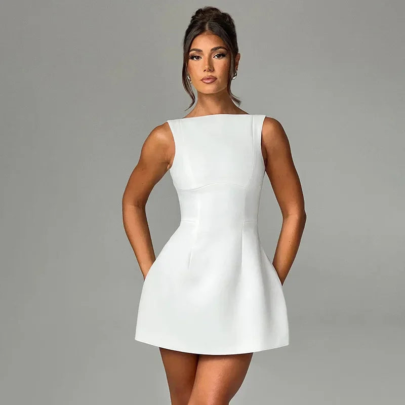 Boat Neck Sleeveless Fitted Waist Flared Skater Mini Dress