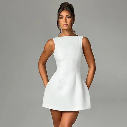 Boat Neck Sleeveless Fitted Waist Flared Skater Mini Dress