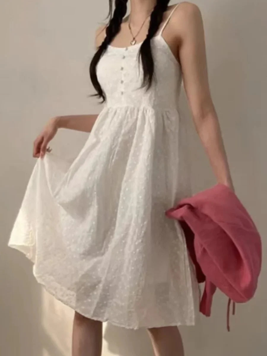 Chic Summer Age-Defying Gentle Style Square Collar Sleeveless Women's Commute Versatile Meat Concealing Dress Cotton High Waist