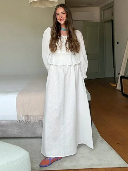 Skirts Set for Women 2 Pieces Lantern Sleeve Blouse Skirt Suit White Square Collar Button Shirts Long Skirts 2024 Summer Outfit