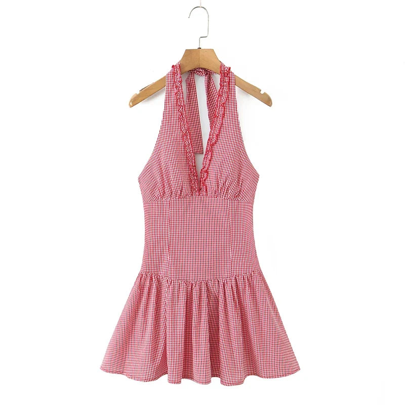 Fashionable Short Red Plaid Dress Women Sexy Backless A-line Mini Summer Halter Dress Vacation Robe 2026