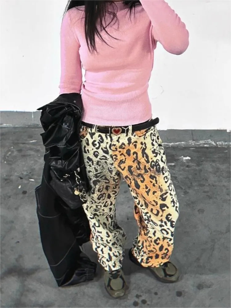 Y2k Vintage Leopard Jeans Baggy Woman's Harajuku Denim Pants Oversized Streetwear Gyaru Trousers Hippie Casual Spring