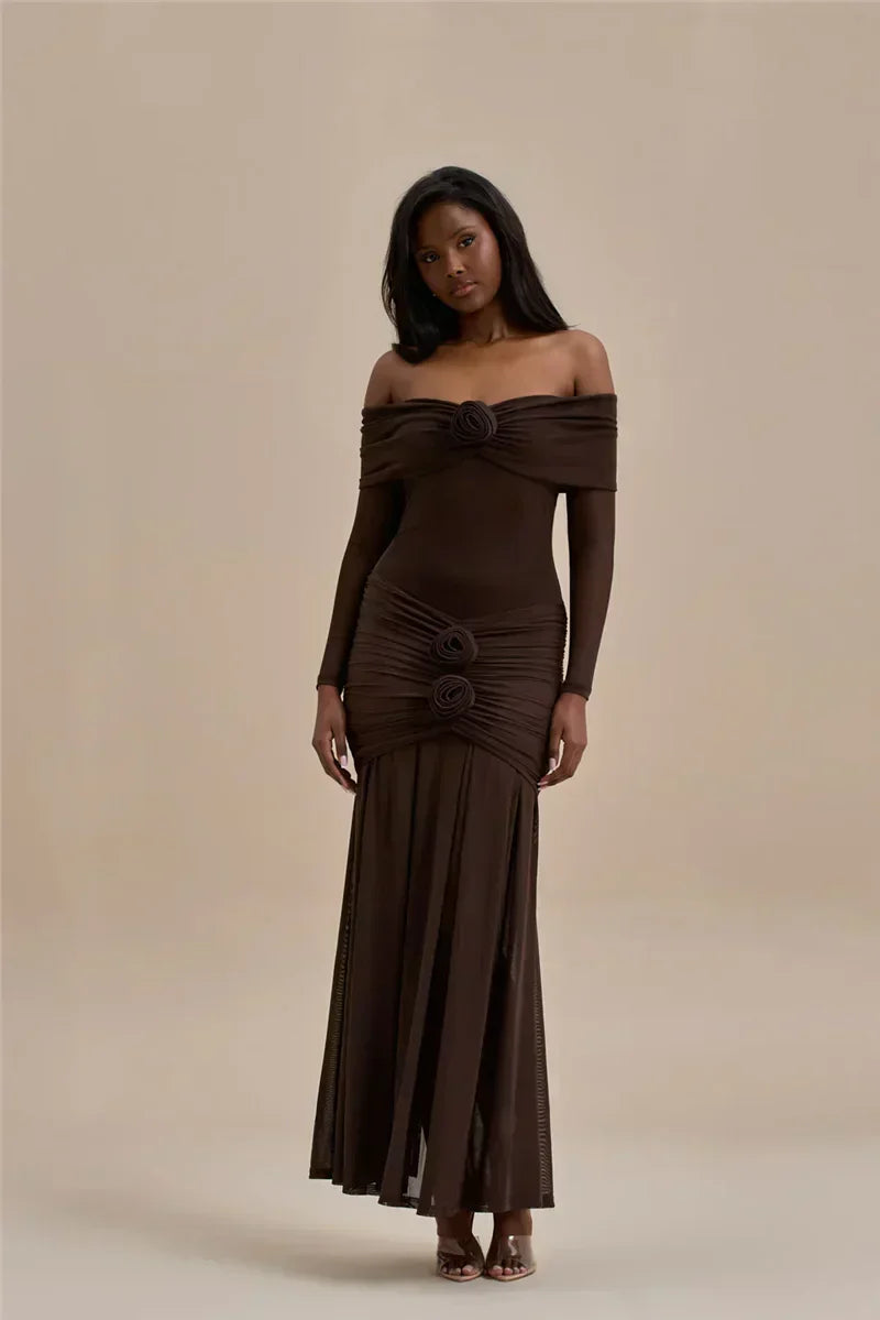 Off Shoulder Mesh Sleeve Ruched Rosette Applique Mermaid Maxi Dress
