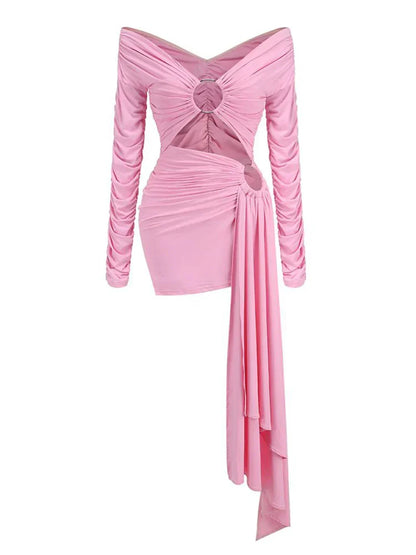 Off Shoulder O Ring Gathered Waist Side Cutout Asymmetric Hem Mini Dress
