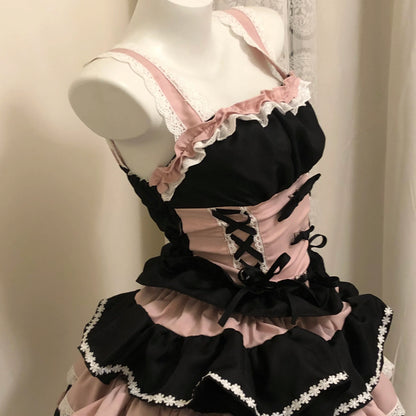 New Lolita Japanese Maid Suit Suspender Lace Bow Upper and Lower Suit Two-dimensional Sweet Cute Cos Comic Show Cake Skirt
