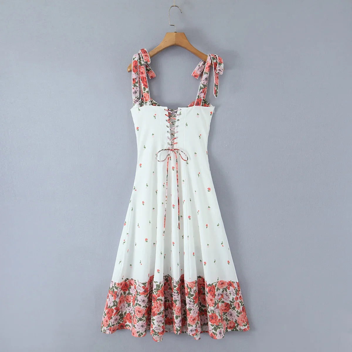 Flower Print Patchwork White Sling Elegant Dress Women Lace Up Bandage Back A-line Summer Dresses Chic Lady Holiday Robe 2025