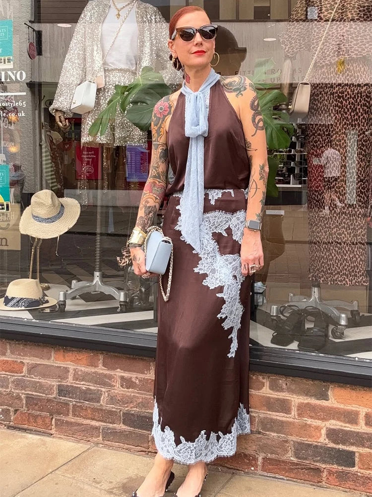Women's Sleeveless Satin Dress Sets 2026 New Lace Up Patchwork Crop Tops Party Ruffle Lace Elegant Skirt 2 Piece Suits