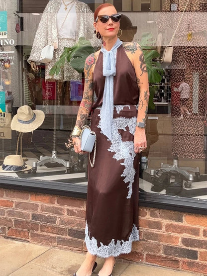 Women's Sleeveless Satin Dress Sets 2026 New Lace Up Patchwork Crop Tops Party Ruffle Lace Elegant Skirt 2 Piece Suits