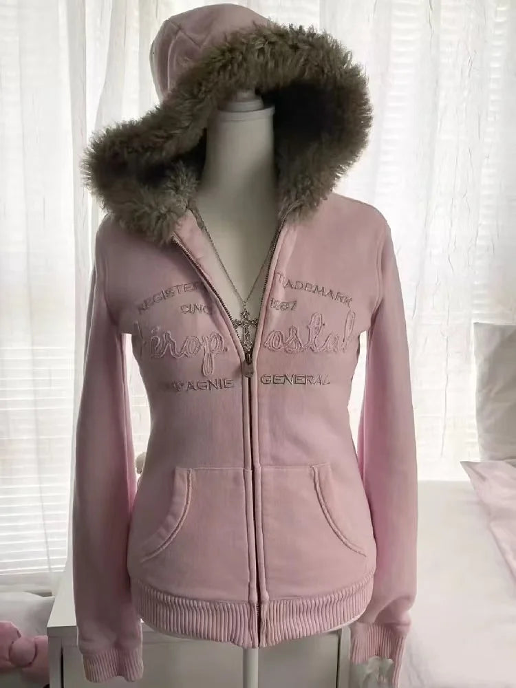 Autumn and Winter Classic Harajuku Style Fashion Retro Hoodie Winter Thick Fur Leather Collar Women's Popular Jacket Top