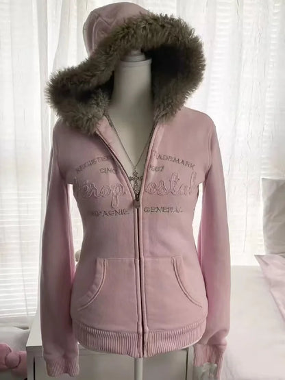 Autumn and Winter Classic Harajuku Style Fashion Retro Hoodie Winter Thick Fur Leather Collar Women's Popular Jacket Top