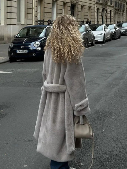 Elegant Thicken Warm Plush Faux Fur Long Coat Women Chic Single Breasted Lapel Overcoat With Belt New Lady Winter Fluffy Outwear