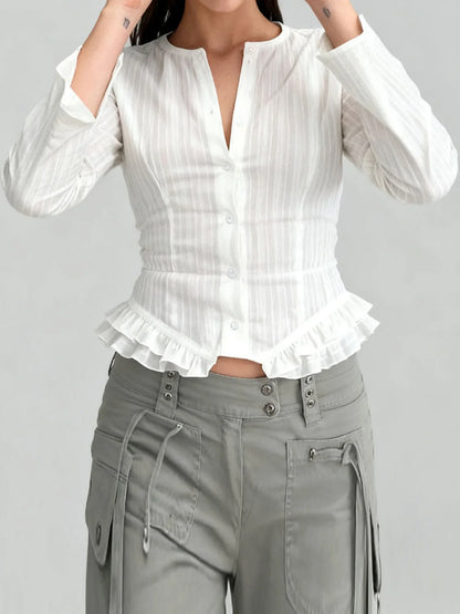 Women s Fall Striped Blouses with Long Sleeves and Round Neckline Featuring Ruffle Trim Hem and Casual Button-Up Design