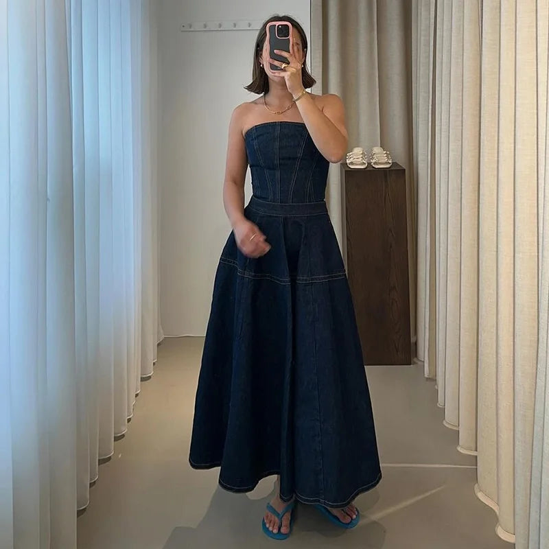 Vintage Denim Vest Skirt Women Outfit Elegant Slash Neck Tank Top Pleated Zippers Mid Skirts Summer Fashion Lady Set