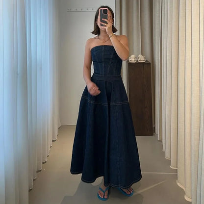 Vintage Denim Vest Skirt Women Outfit Elegant Slash Neck Tank Top Pleated Zippers Mid Skirts Summer Fashion Lady Set