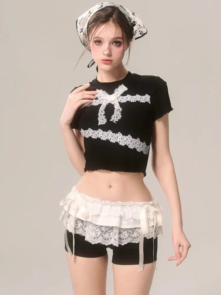 Lace Patchwork Black Shorts Women Bow Elastic Waist Sexy Girl Tight Short Pants Summer Ballet Style Chic Kawaii Clothes