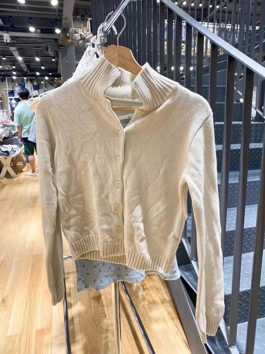 Beige Knit Short Sweater Cardigan Women Autumn Single Breasted Lapel Long Sleeve Sweaters Coat Cotton Casual Knitwear Top Y2k