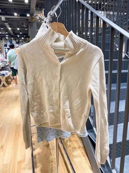Beige Knit Short Sweater Cardigan Women Autumn Single Breasted Lapel Long Sleeve Sweaters Coat Cotton Casual Knitwear Top Y2k