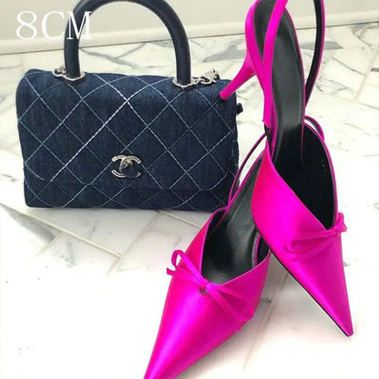 Super Hot Pointy Bow V-Top Skinny Heel Bun Towing Summer Muller Shoes Fashion Leather Low Heel Pumps