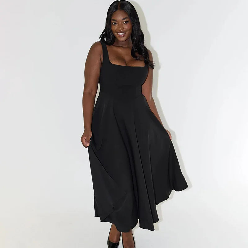 Square Neck Sleeveless A Line Fit and Flare Midi Dress