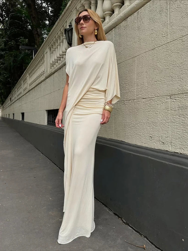 Puss Elegant 2-Piece Set Women Irregular Sleeve Ribbon Top+Peach Hip Bottom Casual Classic Office Stretch Slim Outfits