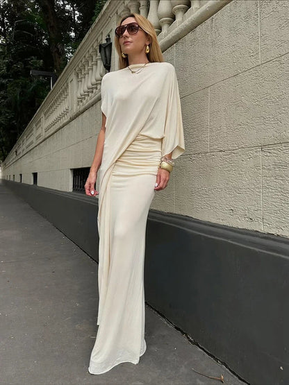 Puss Elegant 2-Piece Set Women Irregular Sleeve Ribbon Top+Peach Hip Bottom Casual Classic Office Stretch Slim Outfits
